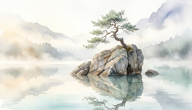 Minimalist Watercolor Sacred Stone Island Landscape with Lone Pine Tree and Calm Lake