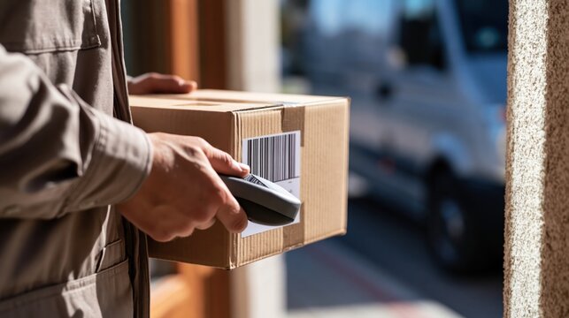 Faceless courier in a plain uniform scanning a parcel barcode beside a delivery van
