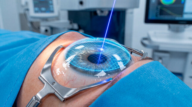 Femtosecond laser works on reshaping the human cornea with a glowing mesh pattern in a medical setting