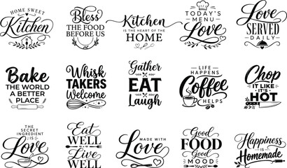 Set of fifteen hand drawn kitchen and food themed typography quotes for home wall decor and kitchen interior design projects © TahminaB