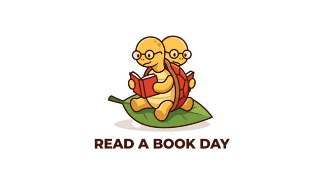 Turtle Reading Books on a Green Leaf for Education and Literacy Day