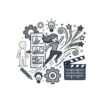 Energetic woman jumping with creative media icons