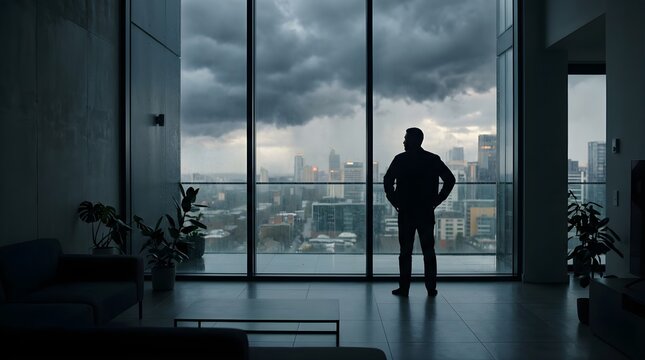 Silhouette of a man standing in a modern apartment looking at the city skyline