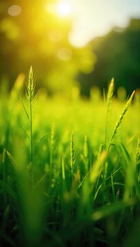 Gentle summer breeze rustling through tall grass in a sun-drenched meadow, creating waves of green and gold  Perfect for nature, serenity, and peace themes , sunshine, wildflowers