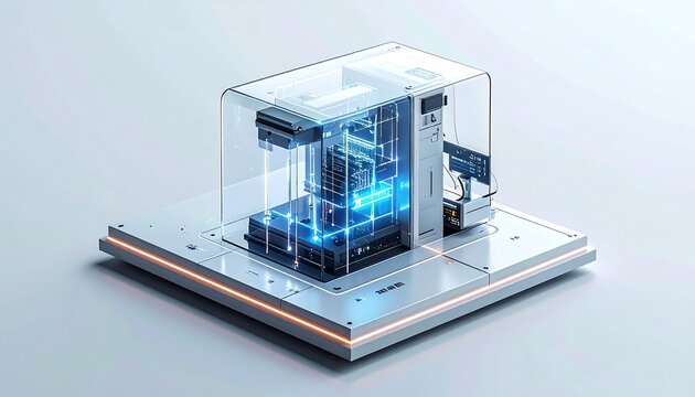 High-tech quantum processor chamber displaying blue energy glow