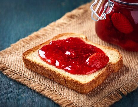 slice of bread with strawberry jam on a burlap surface