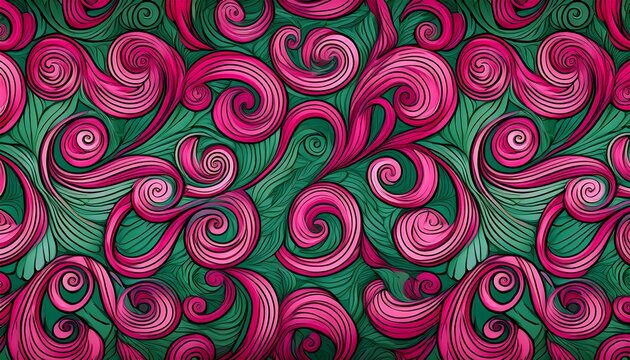 interlocking pink spiral swirl green seamless pattern