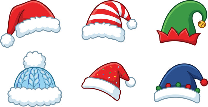 Christmas hat collection featuring Santa elf and winter beanie designs with festive decorations isolated on white background