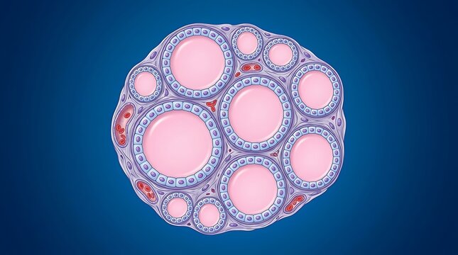 Microscopic cross section of thyroid gland follicles and colloid