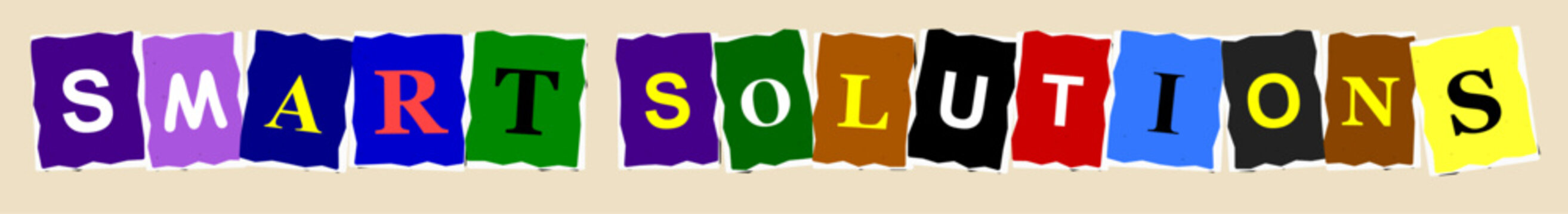 Smart solutions text composed of colorful ransom note style letters on a light background