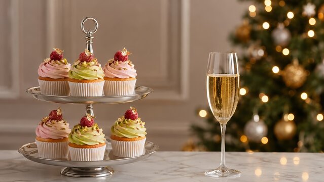 Raspberry and pistachio cupcakes with edible gold leaf, sparkling wine and a glowing Christmas tree, styled for festive entertaining and reflecting viral culinary trends in luxury holiday desserts
