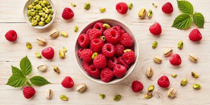 Fresh raspberries and pistachios with green leaves arranged on rustic white wood, creating a colorful healthy snack flat lay that reflects viral culinary trends in modern nutrition campaign visuals