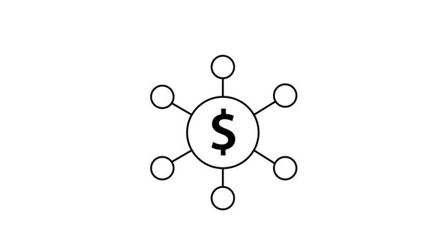 A minimalist black-and-white 2D line art icon representing a financial network, featuring a central circle with a dollar sign connected by lines to six surrounding smaller nodes.