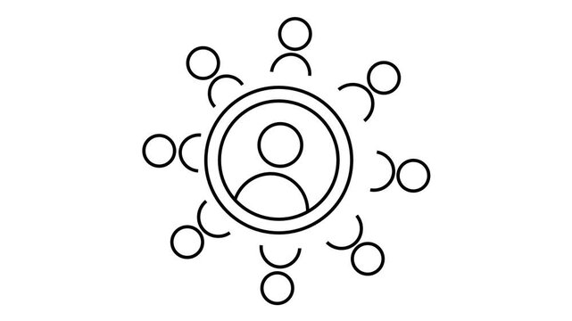 featuring a central user profile icon within a circle, surrounded by eight smaller user figures connected to it.