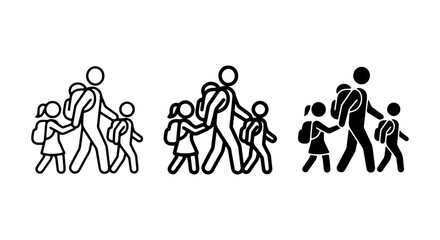 Stick Figure Family, Parent and Children Walking with Backpacks, School Journey Icons