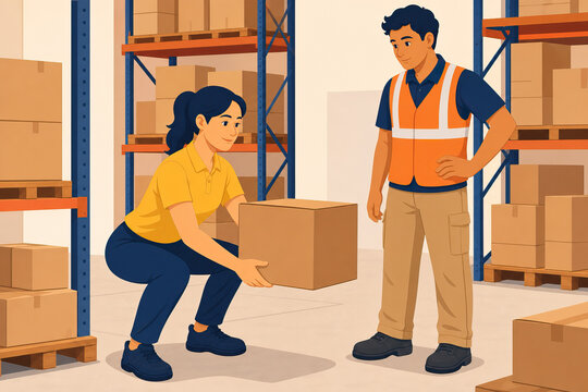 Warehouse worker learning proper safe lifting technique with instructor showing ergonomic manual handling of box
