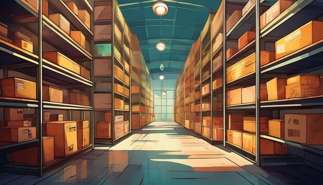 warehouse interior with rows of shelves filled with boxes