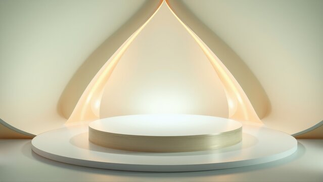 Minimalist stage design. Circular platform illuminated, surrounded by curved walls. Soft lighting creates dramatic effect. Elegant presentation space.