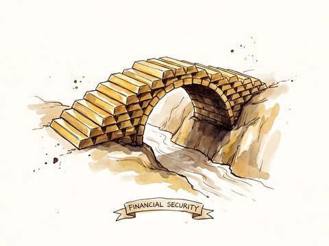 A Conceptual Watercolor Illustration of a Bridge Made of Solid Gold Bars Symbolizing Wealth