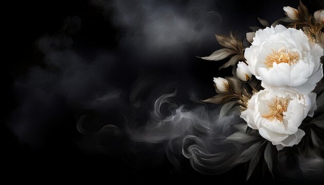 diseno de tarjeta o esquela con un fondo efecto humo en color negro con un ramo de flores peonias blancas para diseno decorativo elegante y minimalista artistica