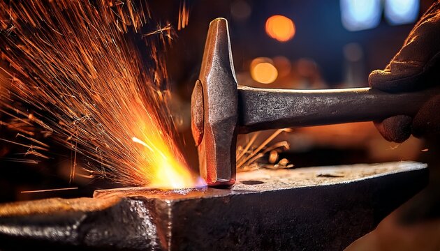 close up of a hammer forging metal with sparks and intense heat