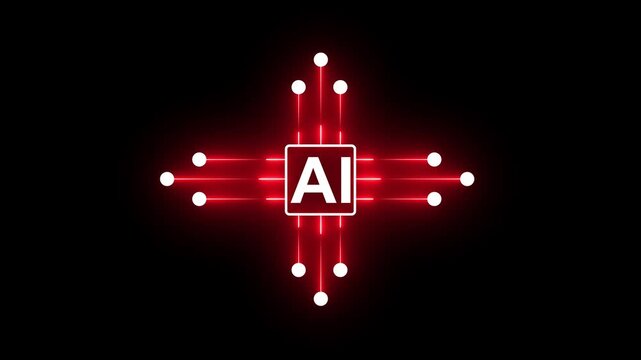 Artificial intelligence symbol pulsing with red neon light showcasing data connections machine learning