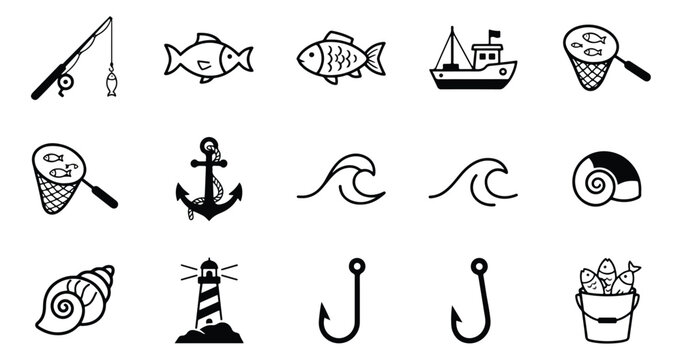 Fishing and nautical line icons set, 15 black vector elements for sea adventure and angling, minimalist ocean symbols for marine branding and logos