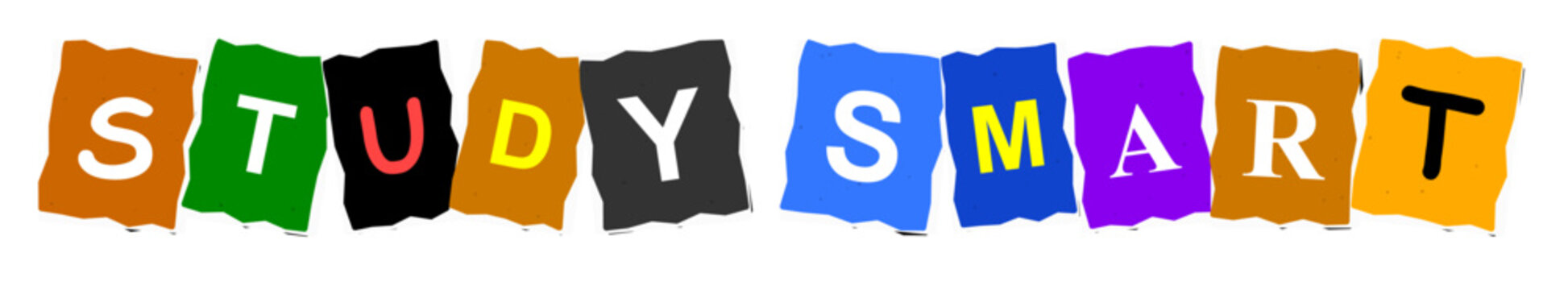 Colorful cutout letters spelling the phrase study smart on a white background for educational design projects