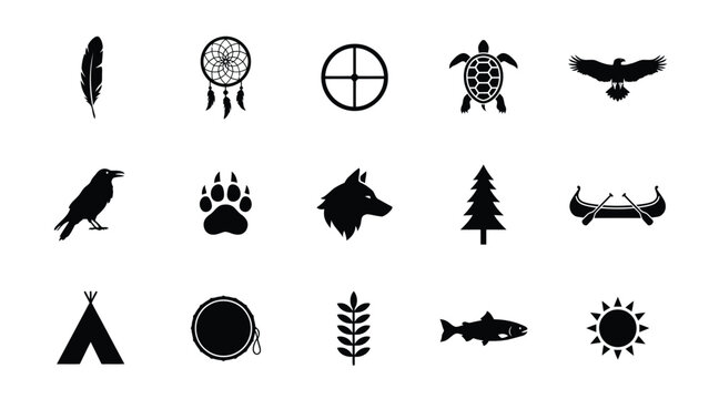 Black and white traditional symbolic animal nature icon collection set with elements against stark white background silhouettes representing traditional