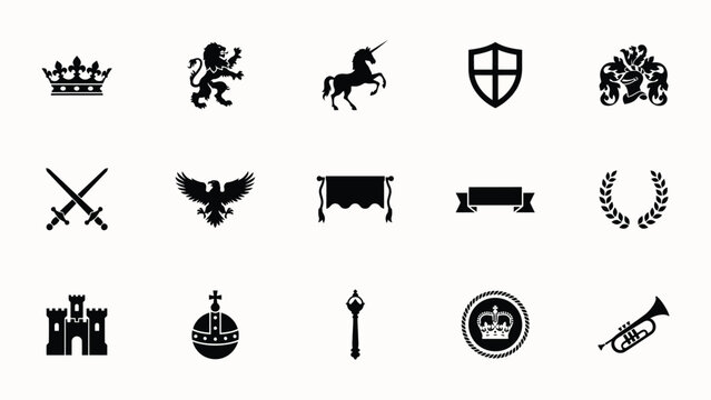 Elegant black and white heraldic symbols collection with presents refined set twelve high contrast heraldic icons arranged grid visual cohesion symbolic depth