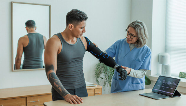 Man receiving prosthetic arm fitting from healthcare professional indoors  