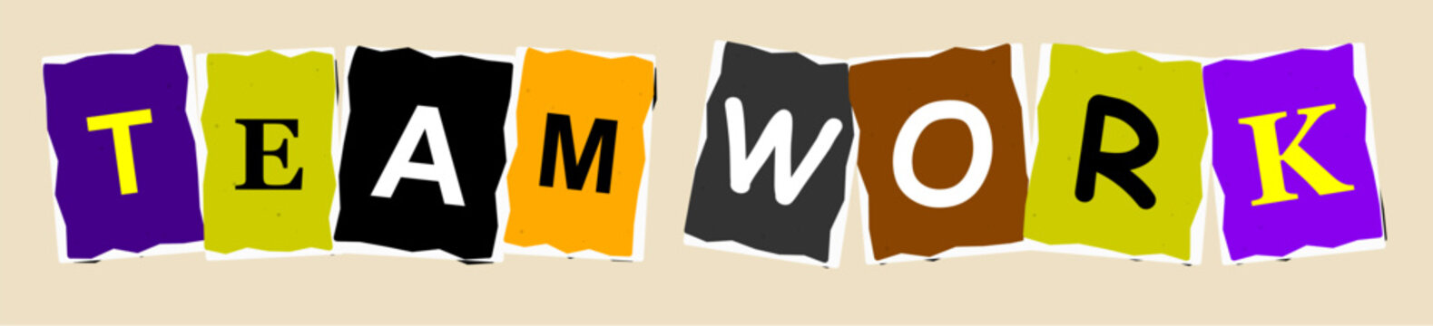 The word teamwork spelled out with individual letters on colorful paper squares in a ransom note style