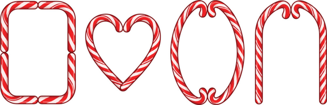 Candy cane frame collection with heart oval and rounded rectangle shapes for Christmas decoration isolated on white background