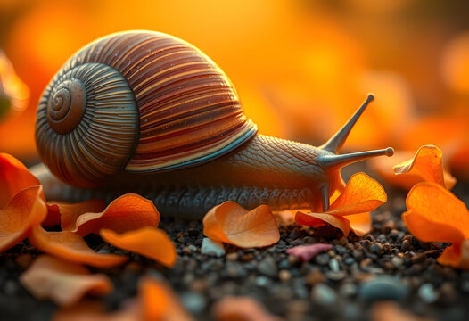 Close-up of a snail on orange flower petals at golden hour