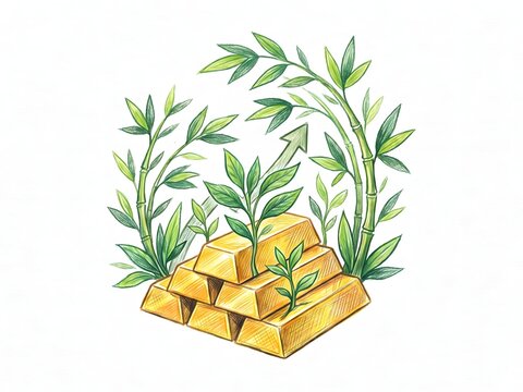 Sustainable Wealth Growth Concept Featuring Golden Bars and Green Plant Sprouts