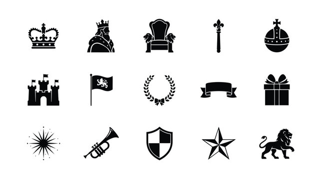 Elegant black royal and heraldic symbols icon collection for premium design projects with refined set fourteen high contrast black silhouettes