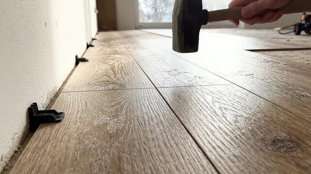 Worker installing laminate floor using mallet. Man securing wood board with tapping block during home renovation. Professional flooring installation technique process.