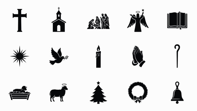 Minimalist black and white christian symbols set for religious design projects with high contrast collection twelve distinct religious icons