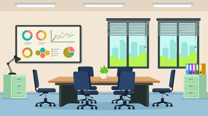 Fototapeta premium Empty modern conference room with business charts, city view, and office furniture