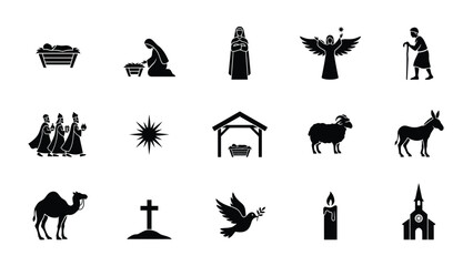 Obraz premium Black and white silhouette icons of traditional nativity symbols with rendered minimalist elegant design displays collection stylized animals symbols associated