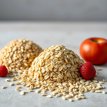 Close-up of raw oat groats with strawberry and apple