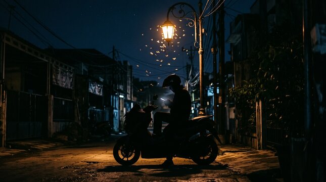 Silhouette of a motorcyclist parked under a glowing street lamp at night in a dark alley