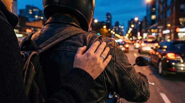 Passenger placing hand on motorcycle rider shoulder during city night ride