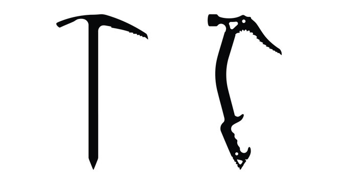 Two ice axes in black silhouette against a white background depicting mountaineering equipment axe climbing pickaxe