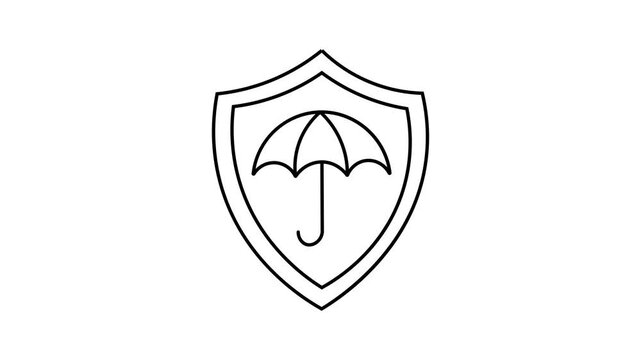 A minimalist black-and-white 2D line art icon representing insurance or protection, featuring a shield with an umbrella symbol inside.