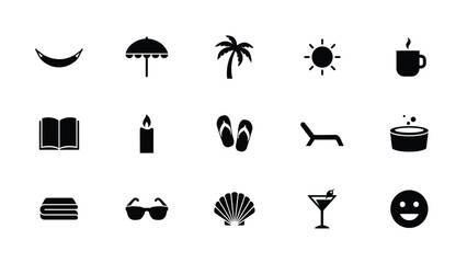 Minimalist black icons bundle with lifestyle themes arranged clean representing diverse vacation displays collection sleek organized grid layout © PRITOM