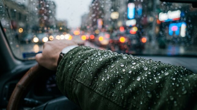 Close-up of a hand driving a car in the rain, with raindrops on the sleeve and blurred city lights in the background