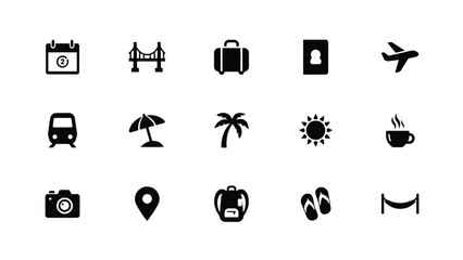 Minimalist black icons set with adventure themes grid layout transportation relaxation adventure representing travel transportation clean modern collection © PRITOM