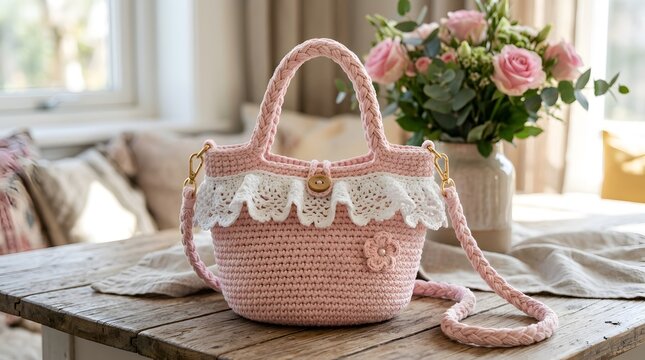 Pink crochet handbag with lace trim and flowers on a cozy table near window