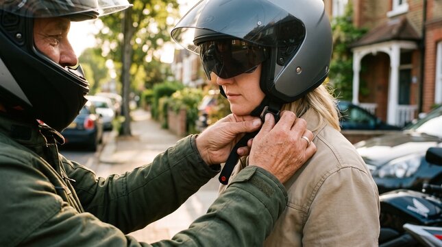 A caring man helps his female companion securely fasten her motorcycle helmet strap before starting a safe ride through a suburban street